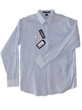 Devon & Jones CrownLux Blue Micro Check Crinkle Dress Shirt Performance NWT L